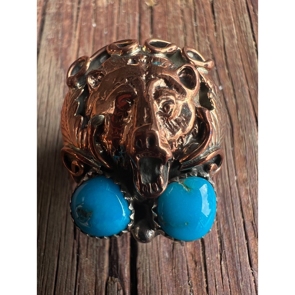 VTG Sterling Silver Cooper Turquoise 3D Grizzly Bear Head Ring Sz 8.5
